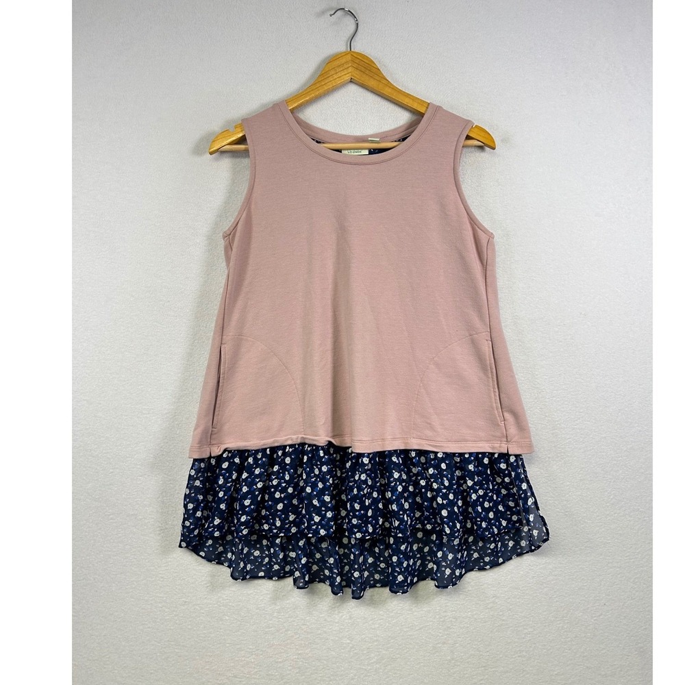 LOGO Lounge Mixed Media Sleeveless Top Womens S Pink Floral Tiered Split Back
